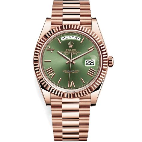 rolex oyster perpetual day date rose gold green face|rolex day date president 40mm.